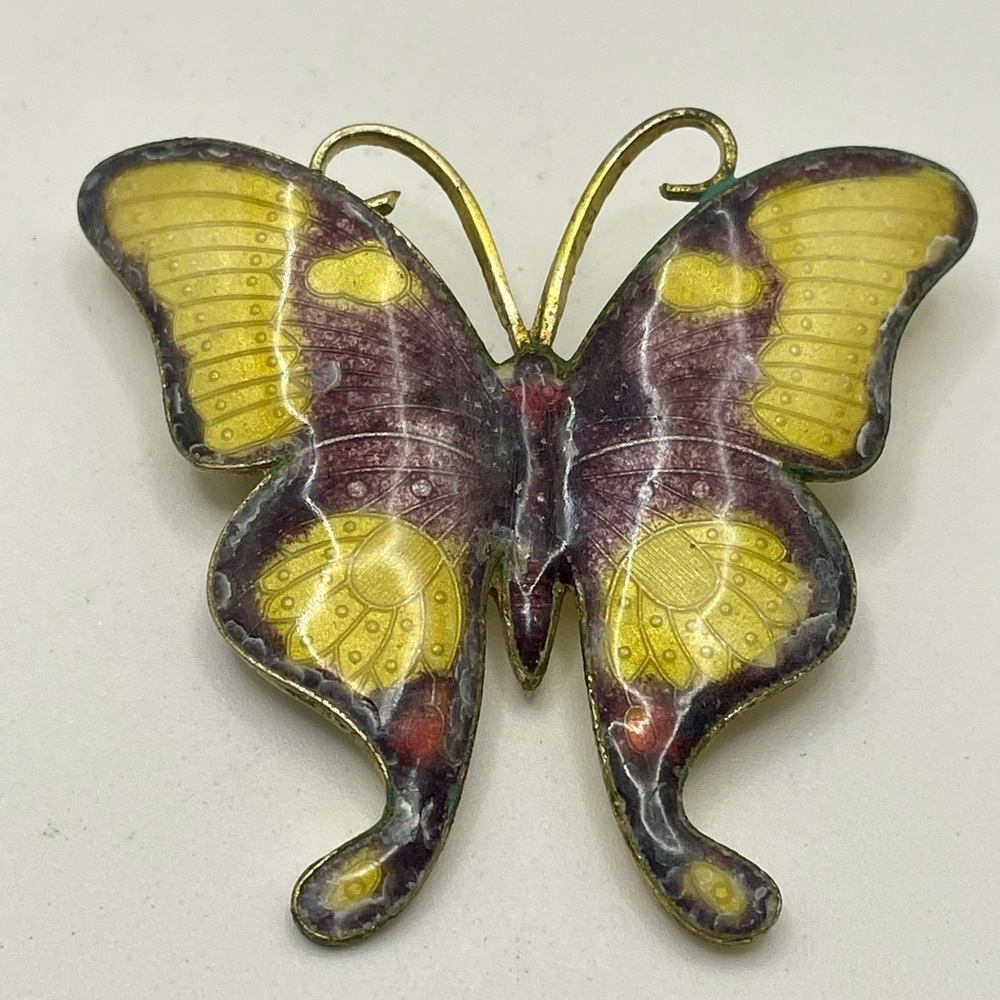 Vintage Rare Enamel Cloisonné Butterfly Enamel Brooch in Purple & Yellow
